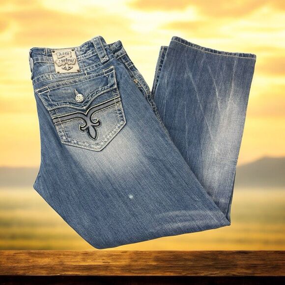 Rock Revival Jeans Mens Sz 36 John Straight Distressed Western Cowboy Denim READ - Picture 1 of 16